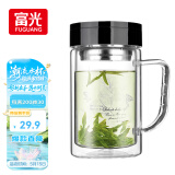 富光双层玻璃杯商务泡茶杯子 大容量男女耐热办公水杯带把黑色320ml