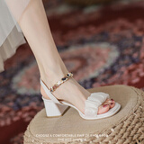 梵昇昱法式粗跟凉鞋女2026夏季新款仙女风绝美气质晚风配裙子外穿高跟鞋 高跟凉鞋-米白色【38】
