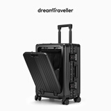 梦旅者商务拉杆箱pc万向轮前开盖铝框行李箱男电脑登机密码箱女旅行箱子 哑光黑色卡扣 20英寸 （箱体破裂一年内换新）