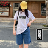 浪莎五分牛仔短裤女夏季2025新款直筒港味高腰宽松显瘦a字阔腿中裤潮