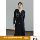 独束大码女装复古V领针织裙女秋冬新款胖mm收腰显瘦连衣裙 静谧黑 L