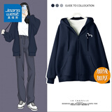 真维斯（Jeanswest）卫衣女春秋季新款外套女开衫连帽情侣男女装上衣服小个子休闲宽松 加绒 藏青 爱心线白_K XL