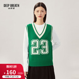 深呼吸DEEP BREATH女装复古提花宽松纯羊毛针织马甲背心A300797 绿白-数字 S (2码)