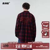 BJHG不计后果春季刺绣撞色复古格子衬衫男潮牌新款港风宽松衬衣外套女 红蓝格纹 L