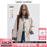 VEGA CHANG【莱赛尔+棉】风衣女中长款2025新款春秋格纹撞色拼接PU皮休闲外 乳酪白(梭织) L