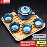 建盏功夫茶具套装家用窑变天目釉茶杯茶壶茶盘陶瓷钧窑沙金泡茶器 5头（兔豪蓝/方圆壶）+小四方（条纹）密胺/白