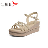 红蜻蜓坡跟凉鞋女夏季厚底水钻一字带凉鞋外穿WTK25015 杏色 35