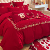 忆自然婚庆四件套婚嫁新婚床品刺绣被套红色结婚礼婚房婚床喜庆中式套件 十全十美 床单款 1.8米床四件套被套200*230