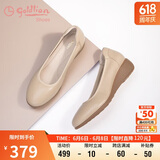 金利来（goldlion）女鞋坡跟皮鞋时尚圆头牛皮浅口一脚蹬单鞋女 G662320016杏色37