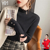 翊尚美毛衣女冬新款春秋季半高领针织衫女士打底衫修身显瘦蕾丝内搭上衣 黑色【春季薄款】 L 【115-140斤】