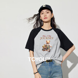 初语多款多色纯棉t恤女2025年夏季新款图案印花圆领短袖上衣 黑色-花灰-小熊旅行GT528808 L