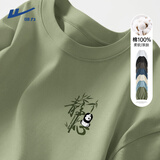 回力（Warrior）纯棉潮流长袖t恤男简约春秋季新款宽松潮牌圆领大码打底衫ins百搭 【纯棉】-抹茶绿#HL静心熊猫竹 XL