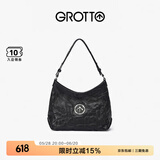 GROTTO个乐经典黑石hobo包大小号植鞣绵羊皮腋下单肩斜挎软包礼物 经典黑 银标S