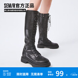 Semir官方正品时装靴女靴春秋季新款潮流休闲高帮系带机车靴长筒靴女 黑色 36