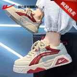 回力官方男鞋新款经典滑板鞋男厚底运动休闲鞋男皮面防水跑步鞋子男 米红色 42