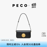 PECO852真皮斜挎复古小法棍包新款单肩通勤方包生日送女友礼物 经典黑黑内里头层手搓纹牛皮现货