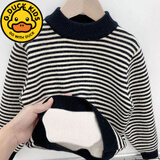 G.DUCKKIDS男童毛衣套头加绒秋冬款中大童洋气男孩儿童一体绒条纹针织打底衫 黑色【F138低领条纹套衫】 150 适合身高140-150cm年龄9-10岁
