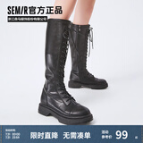 Semir官方正品时装靴女靴春秋季新款潮流休闲高帮系带机车靴长筒靴女 黑色 36