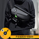袋鼠磁吸扣斜挎包男士胸包时尚单肩包休闲机车包大容量运动背包女腰包 黑色磁吸扣升级加厚版 中包