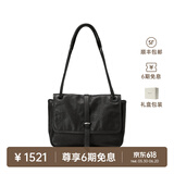 裘真复古001邮差包女单肩通勤大容量斜挎包植鞣头层牛皮包 黑色-中号