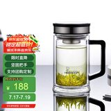 希诺（HEENOOR）双层玻璃杯男士耐热防烫带把带手柄商务办公玻璃水杯过滤茶杯子 时尚拉丝杯盖-不锈钢部件420ml