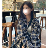 POUM男装春秋季长袖格子衬衫宽松衬衣男女百搭休闲宽松外搭开衫外套 MBFS-C02蓝色 XL 【125-135斤】