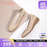 金利来（goldlion）女鞋坡跟皮鞋时尚圆头牛皮浅口一脚蹬单鞋女 G662320016杏色36