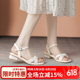 ZHR凉鞋女简约纯色一字带粗跟女鞋摩登方头优雅鞋子女 Y700 米色 36 