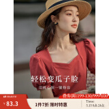 茵曼（INMAN）百搭法式褶皱方领短袖t恤2025夏季新款女装修身显瘦衬衫上衣 复古红 M
