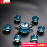 建盏功夫茶具套装家用窑变釉中式茶壶盖碗茶杯茶洗简约陶瓷礼盒 7头（窑变/兔豪盏）蓝-方圆壶