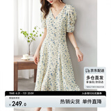 尚都比拉夏季法式碎花连衣裙泡泡袖茶歇裙气质女神范裙子 杏底蓝花 M 