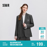 森马西装外套女中长款学院风2025春宽松灰色休闲西服109125111001