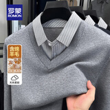 罗蒙（ROMON）含羊毛假两件针织衫男春秋商务休闲保暖衬衫V领加厚加绒内搭毛衣 中灰 加厚款 XL (175) 【建议140-160斤】