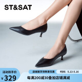 星期六（St&Sat）女鞋石头纹羊皮革通勤浅口猫跟单鞋 黑色（皮面） 38