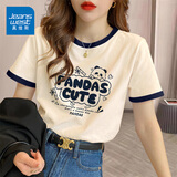 真维斯（JEANSWEST）t恤女夏季装新款纯棉短袖上衣服女装宽松撞色休闲慵懒风正肩半袖 米藏青 线条熊猫 M