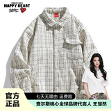 查尔斯桃心秋季新款宽松美式高街厚款潮牌学生翻领格子工装夹克外套男女同款 白色 L