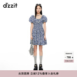 DZZIT【爆款补单】碎花裙明星同款地素连衣裙夏季度假风女 深蓝色(泡泡袖) M