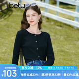 百图betu女装秋新款T恤圆领长袖精致蝴蝶结纽扣针织T恤女2308T19 黑色 M