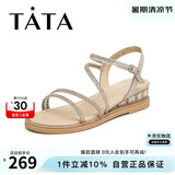 他她（TATA）绝美坡跟凉鞋女外穿一字带时装凉鞋夏季7UA03BL4 金色 36