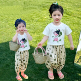 七语欣童装女童短袖套装夏装儿童套装2025新款小女孩宝宝卡通t恤两件套 白小女孩套装 100 (适合身高90-100cm)