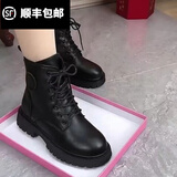 百丽踏软皮羊毛雪地靴女马丁靴加绒加厚保暖棉鞋子防水防滑显瘦韩版短靴 黑色【单里】 37