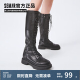 Semir官方正品时装靴女靴春秋季新款潮流休闲高帮系带机车靴长筒靴女 黑色 38