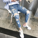 楠子汉【包邮】社会精神小伙九分乞丐牛仔裤男大破洞男帅t小脚9分裤子男 潮裤 30