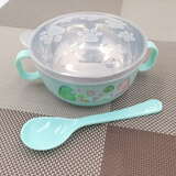 红根家不锈钢双层隔热防烫碗家用儿童吃饭碗可爱宝宝碗小学生面食卡通碗 儿童双耳碗绿色送勺子