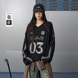 UNIFREE【明星同款】美式V领长袖T恤潮牌运动落肩复宽松球衣 黑色 M