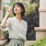 茵曼文艺复古波浪边素雅绣花少女可爱衬衫女夏季F18226|099 云朵白 S