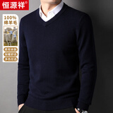 恒源祥100%纯羊毛衫男V领加厚重磅400G毛衣秋冬新款中青年保暖针织衫男 藏青 XL 180/52/115