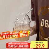 唯铭诺简约条纹玻璃吸管杯ins风可爱带盖果汁气泡水杯耐热咖啡杯啵啵杯