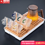 锤纹玻璃茶具套装家用功夫茶盘小套木柄办公会客加厚耐热茶壶茶杯 7头(雅致/木盖)+六色龙纹+杯架+长方(条纹)白