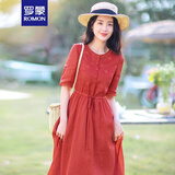 罗蒙（ROMON）休闲短袖中长款连衣裙女装2024夏季新款高腰宽松收腰红色裙子 红色 S （80-100斤）